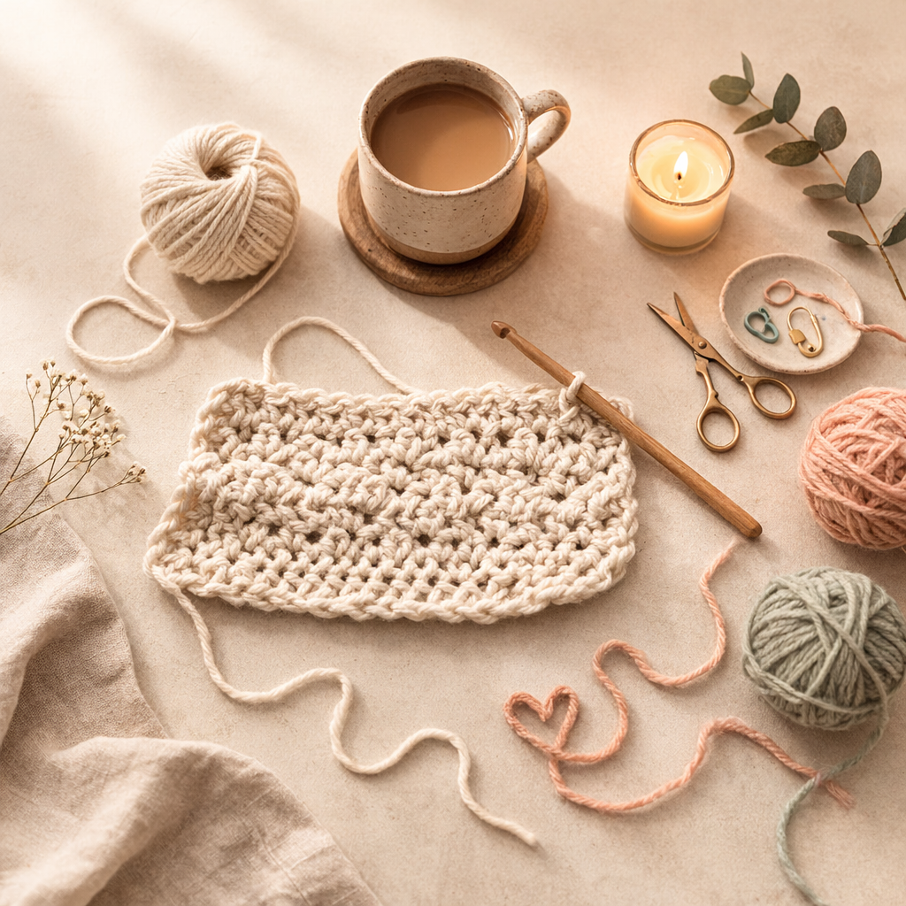 A cozy crochet project with cream yarn, a warm drink, a candle, and soft peach and sage yarn.